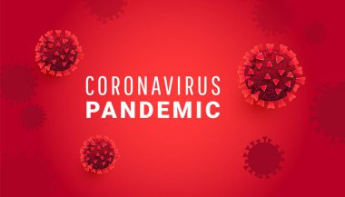 SARS-CoV-2 virüs moleküllü koronavirüs salgını konsepti veya kırmızı arka planda metni olan enfekte bakteriler. Yazı, afiş, poster, bilgi grafikleri için kullanılabilir.