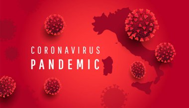 Coronavirus salgını konsepti. İtalya haritası, 3D Covid 19 bakteri hücresi kırmızı zemin üzerinde yazı var. Dünyadaki tehlikeli bir durum.