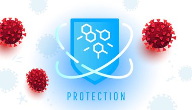 Koronavirüs bakterilerine karşı koruma kalkanı, beyaz arka planda kırmızı hücreler.