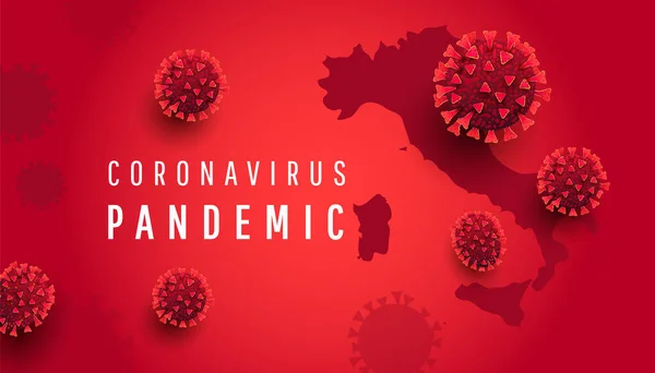 Coronavirus Pandemiekonzept Italien Karte Covid Bakterienzellen Auf Rotem Hintergrund Mit — Stockvektor