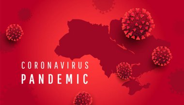 Haritayla Coronavirus salgını. Ukrayna 'nın sınırları kırmızı zemin üzerinde ölümcül solunum hastalığı virüsü taşır.