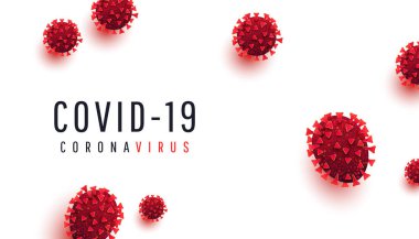 Covid 19, koronavirüs enfeksiyonu konsepti. Beyaz arkaplandaki kırmızı virüs hücreleri metinle enfekte olmuş. Vektör illüstrasyonu