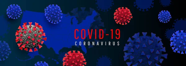 Covid 19文本 侧向模板黑暗背景与大肠埃希菌细胞 — 图库矢量图片