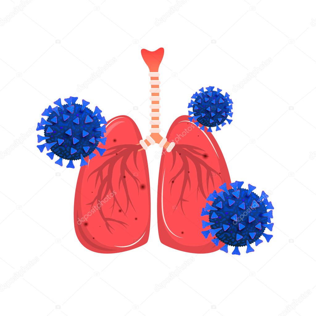 Human organ lungs infected with coronavirus microorganism virus cells or bacteria isolated on white backgound. Coronavirus 2019-ncov concept