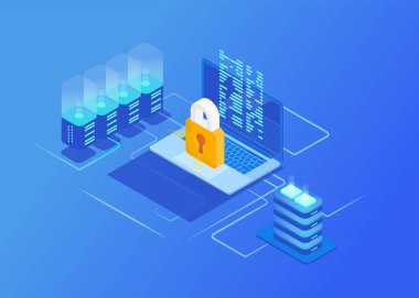 İzometrik koruma ağı güvenlik kavramları. Siber Güvenlik. Verileri olan ve bilgisayar korsanlarına karşı korunan bir laptop. Vektör illüstrasyonu