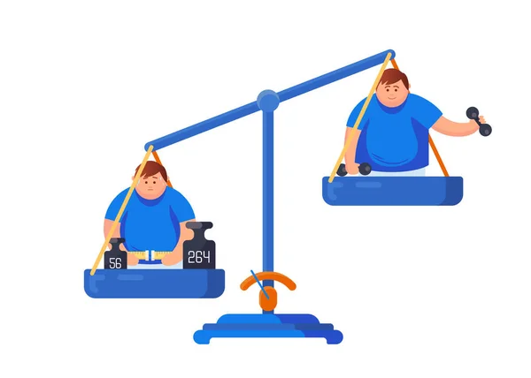 Elhízás Fogalma Egyensúly Mérleg Egy Kövér Ember Méri Derekát Ember — Stock Vector