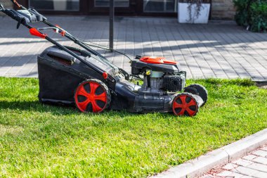 Çim biçme makinesi arka bahçede yeşil çim biçiyor. Bahçe temizleme servisi.