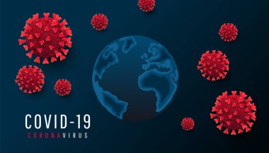Coronavirus ve Covid19 konsepti. 3d vektör küresel dünya haritası ile koronavirüs hücresi, bakteri veya mikroplar karanlık yatay arkaplan üzerinde metin