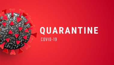 Karantinaya alın. Covid-19 karantina tasarımı yatay pankart ve kırmızı zemin üzerinde 3D virüs bulunan hücre enfeksiyonu