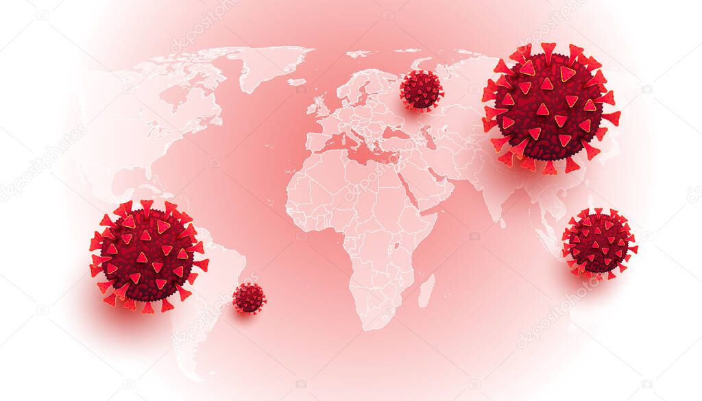 3D realistic liquid coronavirus cells on a world map of the world with red foci of outbreak of covid 19 on a white background