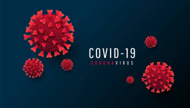 Covid 19 koronavirüs metni ve karanlık yatay arkaplan üzerindeki 3D enfekte hücreler. Vektör illüstrasyonu