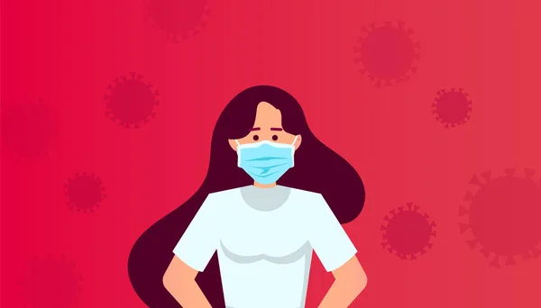 Femeie tânără sau fată care poartă mască de față care protejează coronavirusul pe un fundal roșu — Vector de stoc