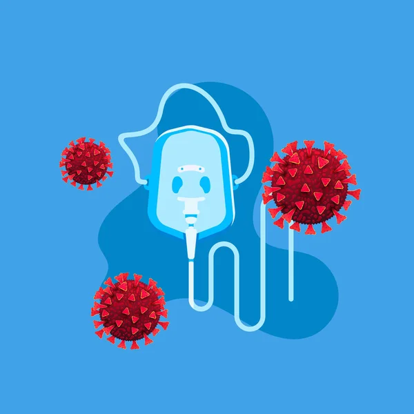 Sauerstoffmaske Mit Coronavirus Zelle Auf Blauem Hintergrund Flachen Lagestil Lungenbeatmungskonzept — Stockvektor