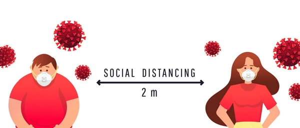 Distanţa Socială Guy Fată Într Mască Medicală Distanță Metri Stradă — Vector de stoc