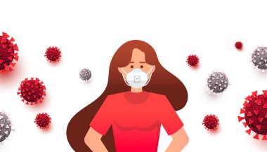 Tıbbi maskeli genç bir kızın vektör çizimi ve beyaz bir arka planda koronavirüs mikrobu ve hücreleri.