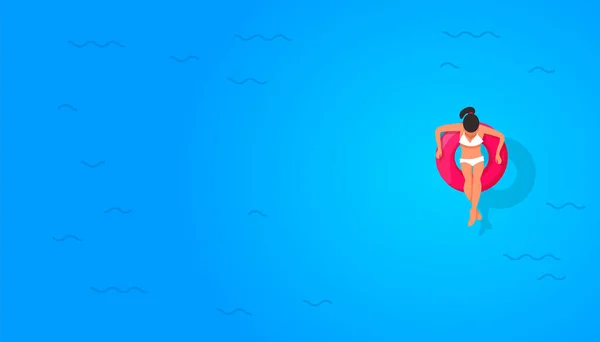 Дівчина Плавальному Колі Морі Копійкою Синьому Фоні Вид Зверху Плоска — стоковий вектор