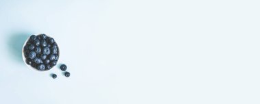 Mavi yatay arkaplan üzerinde derin bir tabakta taze çiğ organik yaban mersininin fotokopi alanı ile üst görüntüsü