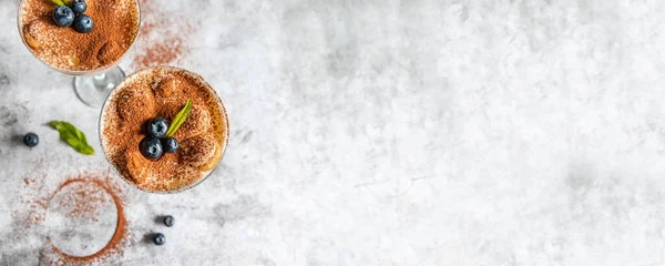 Dessert Tiramisù Bicchieri Decorati Con Mirtilli Menta Sfondo Grigio Posa — Foto Stock