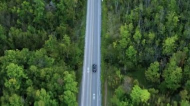 Cheltenham Çorak Toprakları, Ontario Kanada 'da ormandaki bir arabanın üst görüntüsü. Bir arabanın üzerinde uçmak, vahşi bir yer, ormanda yol. 4K