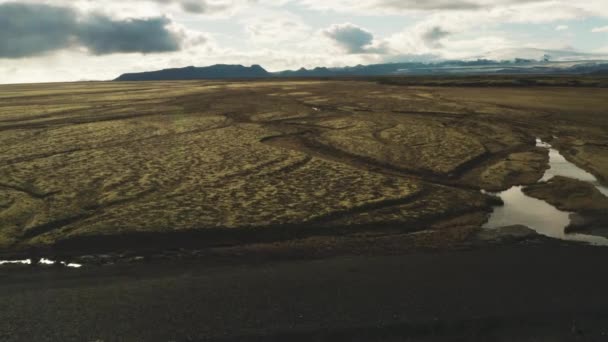 Flygfotografering Från Flygande Drönare Över Liten Flod Vegetation Brunt Land — Stockvideo