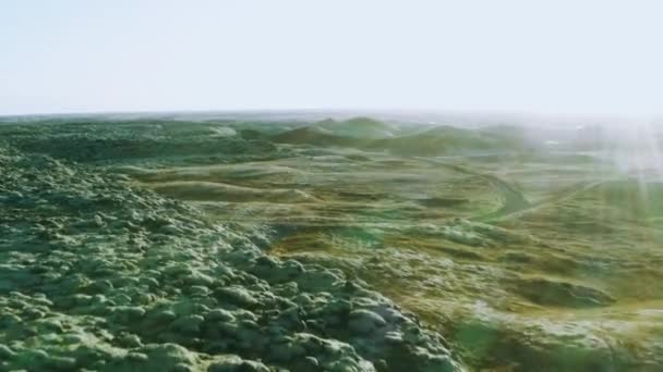 Drohnenaufnahme Eines Feldes Island Trockener Boden Unfruchtbares Land Sonnenstrahlen Und — Stockvideo