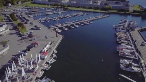 Beautiful Aerial Top View Harbour Full Ships Boats Yachts Drone — Stock Video