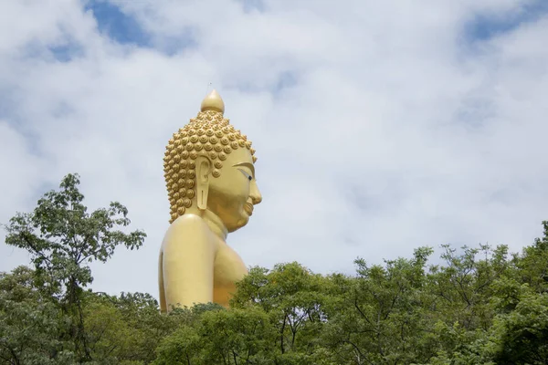 空を背景に山の上に金色の仏像 — ストック写真
