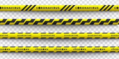 Set Vector design of corona virus danger warning in yellow and black stripes. Isolated with a transparent background. Limiting the area of virus, quarantine, lockdown. Biohazard sign. clipart