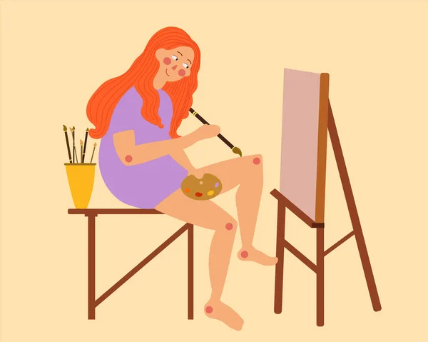 Girl Fond Drawing Home Hobbies — Stock Vector