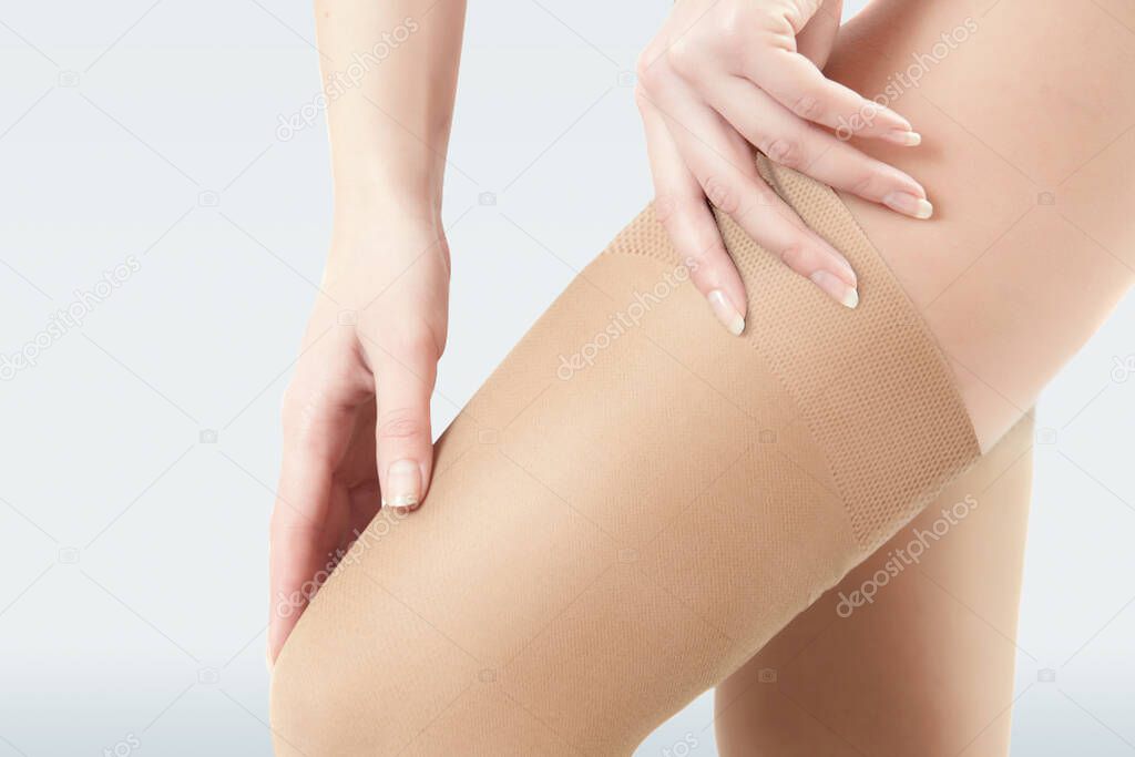 Medical Compression Stockings for varicose veins. Compression knit elastic, silicone drops, silicone rubber, silicone layer. Hospital Knitwear. Knitted elastic structure. nti-slip tissue llayer. 