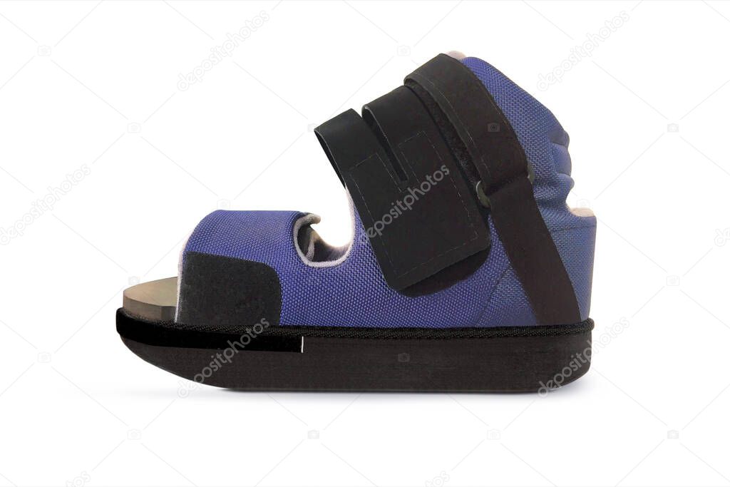 Forefoot Off-loading Shoe after fractures. Detachable therapeutic shoes. Post operative heel shoe on white background. Medical Orthopedic shoes designed specifically for ankle.Trauma and Swelling feet