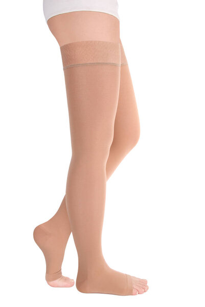 Open toe stockings. Compression Hosiery. Medical stockings, tights, socks, calves and sleeves for varicose veins and venouse therapy. Clinical knits. Sock for sports isolated on white background