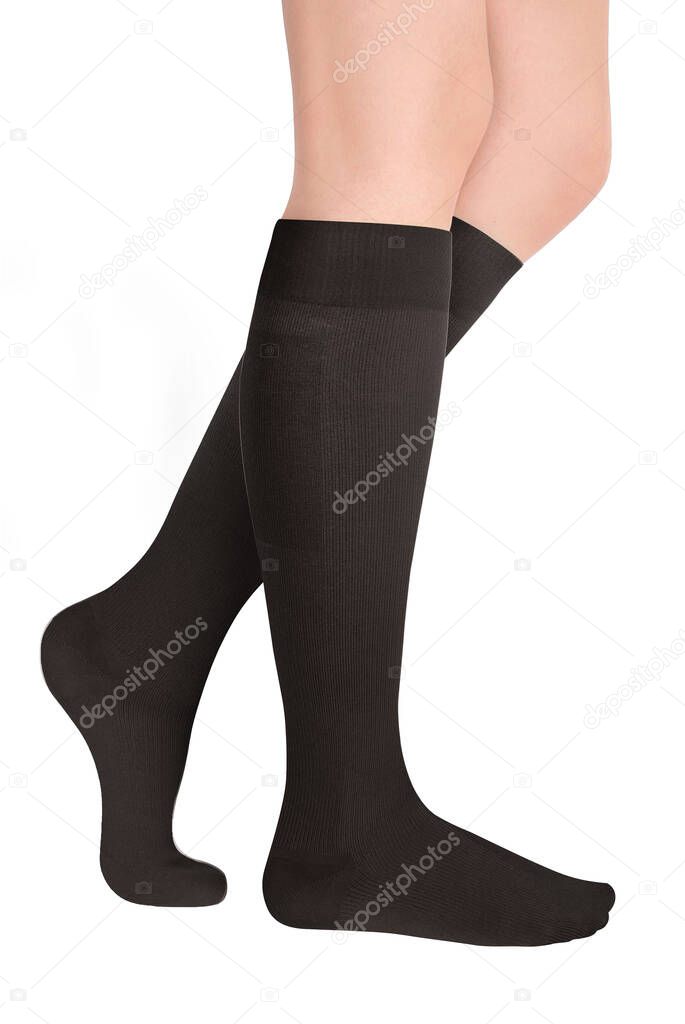 Closed toe calves for travel. Compression Hosiery. Medical stockings, tights, socks, calves and sleeves for varicose veins and venouse therapy. Clinical knits. Sock for sports isolated on white background