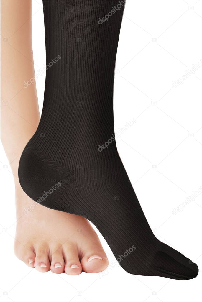 Closed toe linear calves. Compression Hosiery. Medical stockings, tights, socks, calves and sleeves for varicose veins and venouse therapy. Clinical knits. Sock for sports isolated on white background