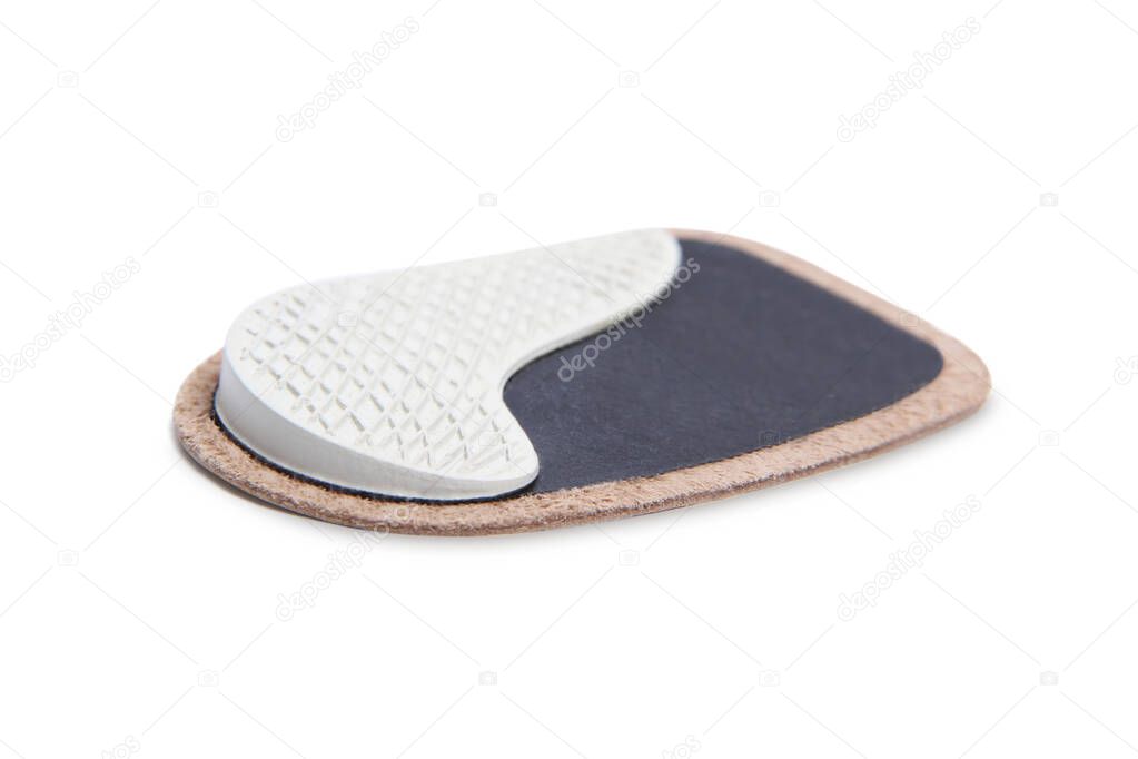 Orthopedic silicone heel pad from corns for the correction of different lengths of legs isolated on white background. Silicone insert for the forefoot. Insole. Silicone thumb protector with interdigital septum prevents friction, calluses, scuffs. 