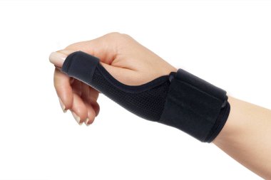 Baş parmak desteği. Elastik bilek bandajı. Ortopedik tıbbi kondisyon bandajı. Bilek sakatlığı desteği. Spor Koruyucu Bileklik. İnsan eli başparmağına ip takıyor. Bilek ağrısı..