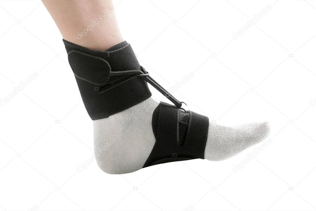 Orthopedic Ankle Brace for sagging foot. Medical Ankle Bandage. Support Strap Adjustable Wrap Bandage Brace foot Pain Relief Sport. Leg Brace isolated on white background