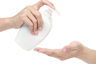 El antibakteriyel dezenfektan pompası. Jöle, losyon, banyo köpüğü için sıvı kabı olan kozmetik şişesi. Beyaz arka planda izole edilmiş 3 boyutlu gerçekçi tasvirler. Ellerini yıka.