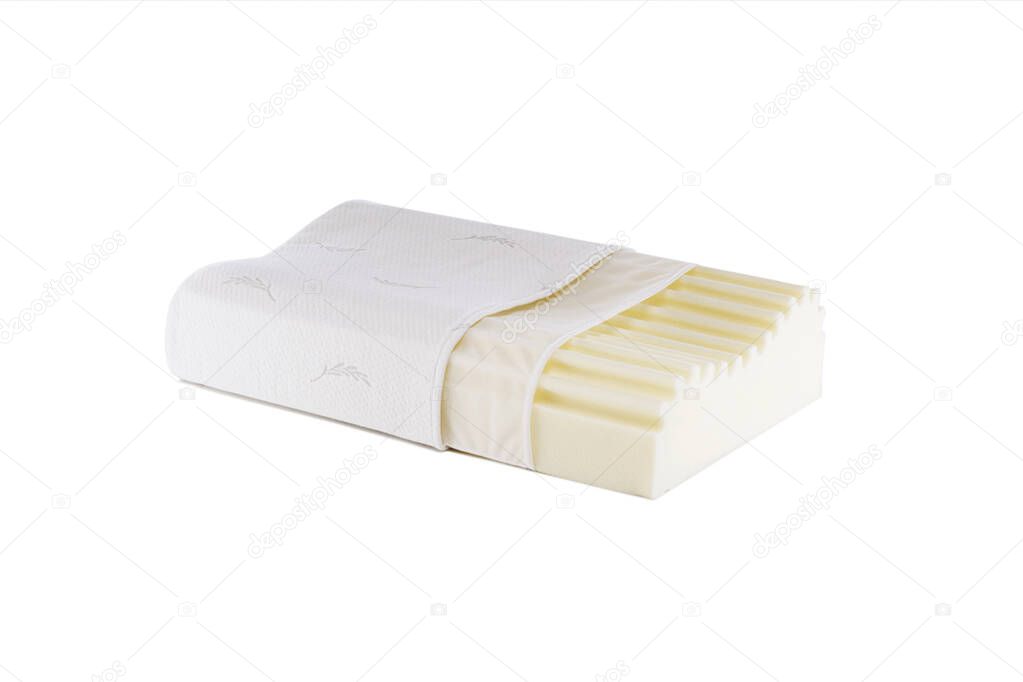 Orthopedic Pillow with a Memory Effect. Medical treatment pillow for sleep. Comfort Memory Pillow under the head with a recess under the shoulder isolated on white background. Sleeping Support Pillow