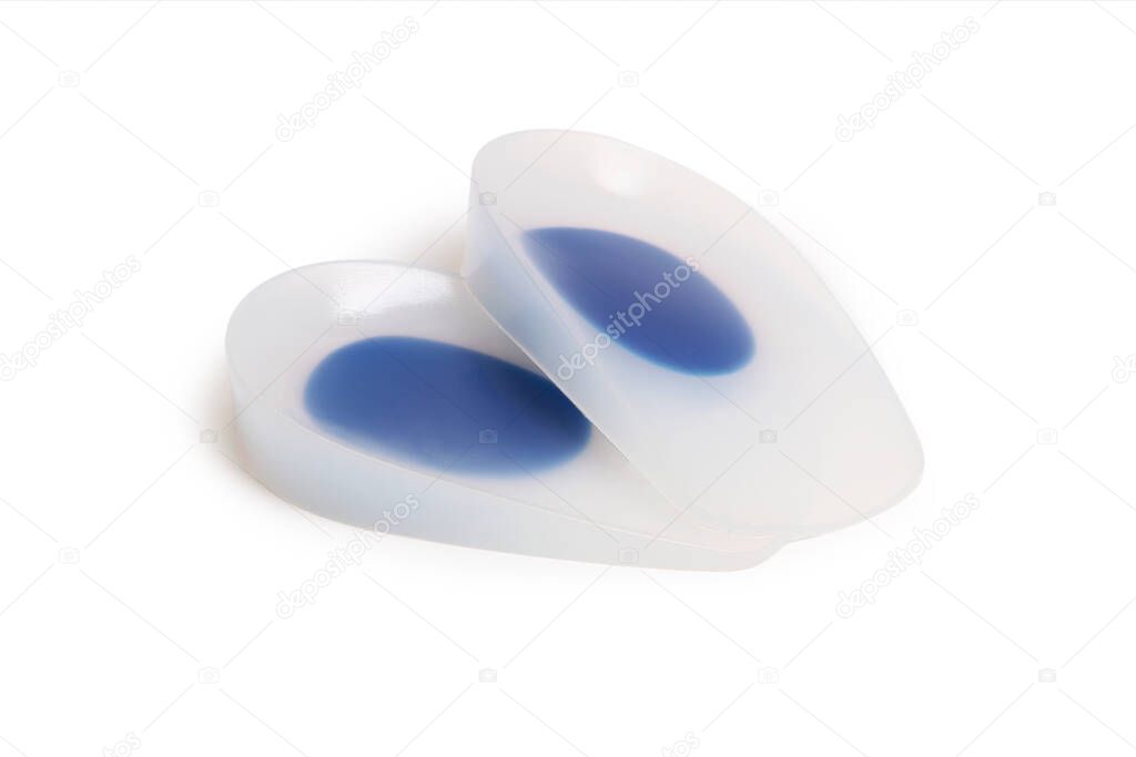 Orthopedic silicone heel pad from corns for the correction of different lengths of legs isolated on white background. Silicone insert for the forefoot. Medical insoles. Flat Feet Correction.