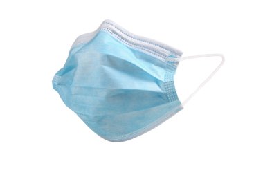 Grip hastalıklarına karşı korunmak için mavi maske. Beyaz arka planda cerrahi koruyucu yüz maskesi. COVID koruma sendromu koronavirüsü. Corona Virüsü Hastalığı 2019, COVID-19.