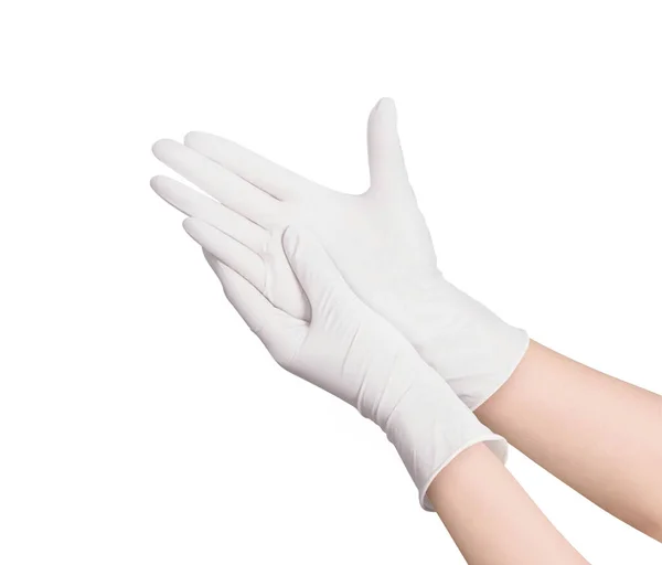 手で白い背景に隔離された2つの白い外科用医療用手袋 ゴム手袋製造 人間の手はラテックス手袋を着用している 医師または看護師は ニトリル保護手袋を着用 — ストック写真
