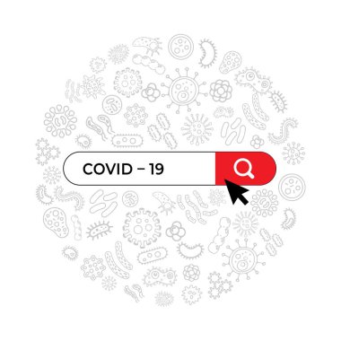Arama barında yazılan Covid-19 kelimesi. Basit Coronavirus Güvenlik İlgili Vektör Hattı Simgeleri. Yaratıcı (Corona virüsü -2019-nCoV) Simgeli Banner. Web, yazdırma, broşür için vektör illüstrasyonu