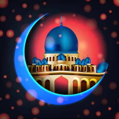 Gece Hilal Ay ve Siluet Camii Ramazan Kareem Özgeçmişi için. Caminin siluetiyle üç boyutlu vektör çizimi. Müslüman festivali için tebrik kartı. Vektör İllüstrasyonu