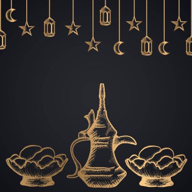 Kase ve çaydanlıkta kurumuş / tarihli meyve. İftar partisi. Ramazan Kareem ve bayram kutlaması geçmişi. Altın El çizim stili. karşılama ya da arkaplan olarak kullanılabilir. Vektör İllüstrasyonu