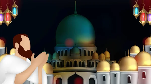 Mano Persone Musulmane Che Pregano Con Sfondo Esterno Della Moschea — Vettoriale Stock