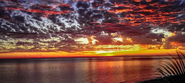 Puerto Penasco, Sonora, Meksika yakınlarındaki Cortez Denizi üzerinde gün batımı güzel su yansımaları, mor, altın, sarı, turuncu, kırmızı ve mavi gökyüzü 