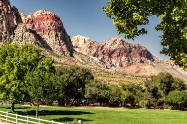Bahar Dağı Parkı, Nevada, Ekim 'de kızıl kaya, yeşil bitki örtüsü ve mavi gökyüzü