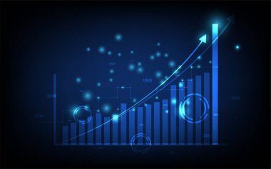 Teknoloji sektörü geçmişi, sosyal ağ diyagramı konsepti ile finansal grafikler, fütüristik dijital yenilik arka plan çizimi