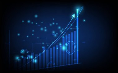 Teknoloji sektörü geçmişi, sosyal ağ diyagramı konsepti ile finansal grafikler, fütüristik dijital yenilik arka plan çizimi
